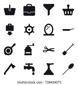 16 vector icon set : basket, portfolio, funnel, baggage get, handwheel, mirror, pan, hand mill, scissors, shovel, axe, water tap, plunger, duster
