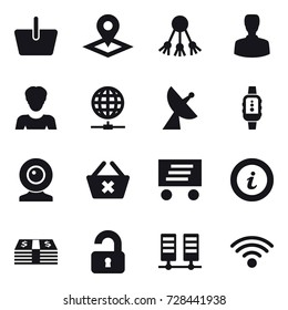 16 vector icon set : basket, pointer, share, man, woman, globe connect, satellite antenna, smartwatch, web cam, delete cart, delivery, info, unlocked