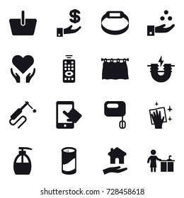16 vector icon set : basket, investment, smart bracelet, chamical industry, remote control, curtain, wiping, liquid soap, cleanser powder, housing, kitchen cleaning