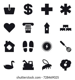 16 vector icon set : basket, dollar, column, tower, block wall, smart house, slippers, whisk, goose, harvester, wasp, garden
