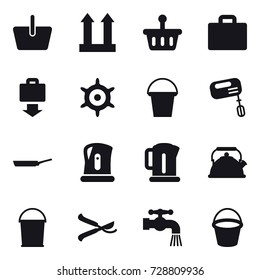 16 vector icon set : basket, suitcase iocn, baggage get, handwheel, bucket, mixer, pan, kettle, pruner, water tap