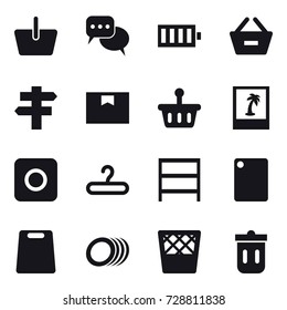 16 vector icon set : basket, discussion, battery, remove from basket, singlepost, photo, ring button, hanger, rack, cutting board, trash bin