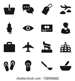 16 vector icon set : basket, discussion, label, journey, spark plug, suitcase iocn, airplane, aquapark, hotel, flip-flops, ladle, mortar