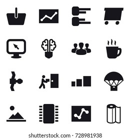 16 vector icon set : basket, statistic, diagram, delivery, monitor arrow, bulb brain, group, hot drink, landscape, paper towel