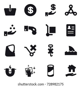 16 vector icon set : basket, dollar, investment, spinner, chamical industry, hand coin, cargo stoller, shark flipper, wiping, cleanser powder, housing