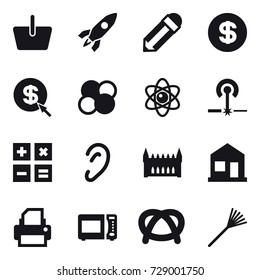 16 vector icon set : basket, rocket, pencil, dollar, dollar arrow, atom core, atom, laser, calculator, gothic architecture, home, rake