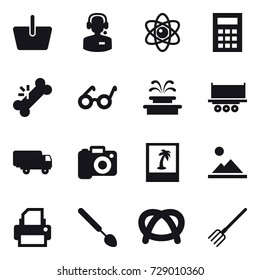 16 vector icon set : basket, call center, atom, calculator, fountain, camera, photo, landscape, big spoon, fork