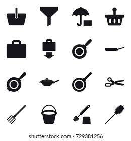16 vector icon set : basket, funnel, suitcase iocn, baggage get, pan, scissors, fork, bucket, toilet brush, duster