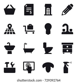 16 vector icon set : basket, account balance, building, pencil, baggage trolley, bulb, water tap, bath, toilet, nightstand, repair tools, mushroom, sprayer
