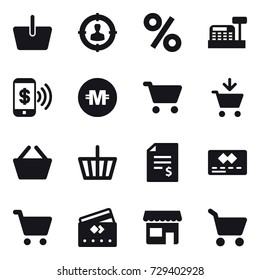 16 vector icon set : basket, target audience, percent, cashbox, phone pay, crypto currency, cart, add to cart, account balance, credit card, shop