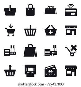 16 vector icon set : basket, shopping bag, tap to pay, add to cart, add to basket, shop, store, mall, atm, credit card