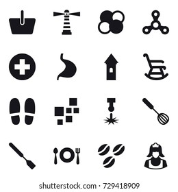 16 vector icon set : basket, lighthouse, atom core, spinner, tower, rocking chair, slippers, whisk, spatula, coffee seeds, cleaner