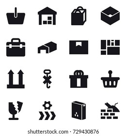 16 vector icon set : basket, warehouse, shopping bag, box, construct garbage