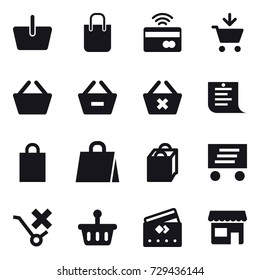 16 vector icon set : basket, shopping bag, tap to pay, add to cart, remove from basket, delete cart, shopping list, delivery, credit card, shop
