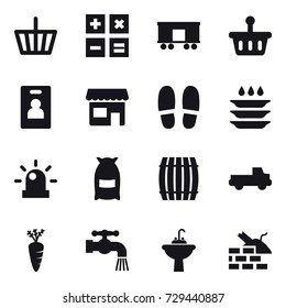 16 vector icon set : basket, calculator, identity card, shop, slippers, plate washing, flour, barrel, pickup, carrot, water tap, water tap sink, construct garbage