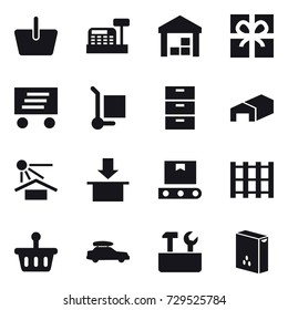 16 vector icon set : basket, cashbox, warehouse, gift, delivery, cargo stoller, car baggage, repair tools
