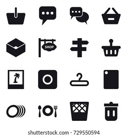16 vector icon set : basket, message, discussion, remove from basket, box, shop signboard, singlepost, photo, ring button, hanger, cutting board, trash bin