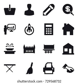 16 vector icon set : basket, man, pencil, dollar arrow, presentation, rocket, calculator, home, fountain, gothic architecture, iron board, broom, wiping
