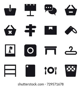 16 vector icon set : basket, billboard, discussion, remove from basket, delete cart, singlepost, photo, ring button, table, hanger, rack, cutting board, trash bin