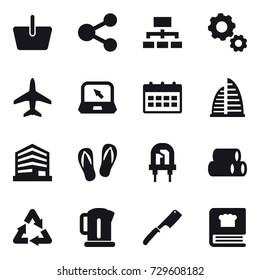 16 vector icon set : basket, share, hierarchy, gear, plane, notebook, calendar, skyscraper, flip-flops, kettle, chef knife