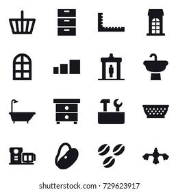 16 vector icon set : basket, ruler, building, arch window, detector, bath, nightstand, repair tools, kolander, coffee seeds, hard reach place cleaning