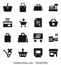 16 vector icon set : basket, shopping bag, cashbox, tap to pay, add to cart, account balance, delete cart, delivery, mall, atm, shop