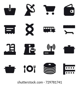 16 vector icon set : basket, satellite antenna, cart, wallet, atm receipt, bus, lounger, pool, coffee maker, pan, watering