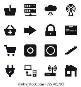 16 vector icon set : basket, server, cloud wireless, antenna, add to basket, right arrow, lock, ring button, stairs, house