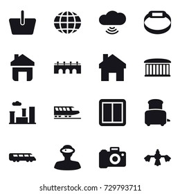 16 vector icon set : basket, globe, cloud wireless, smart bracelet, home, bridge, airport building, city, train, power switch, toaster, hard reach place cleaning