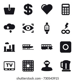 16 vector icon set : basket, dollar, heart, calculator, cloude service, eye identity, smartwatch, infinity power, city, train, bus, ring button, tv, kettle