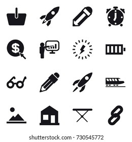 16 vector icon set : basket, rocket, pencil, alarm clock, dollar arrow, presentation, lightning, battery, train, landscape, home, iron board