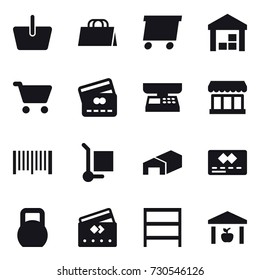 16 vector icon set : basket, shopping bag, delivery, warehouse, cart, credit card, market scales, market, barcode, cargo stoller, rack