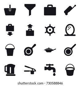 16 vector icon set : basket, funnel, suitcase iocn, suitcase, baggage get, baggage, handwheel, mirror, bucket, pan, kettle, garlic clasp, water tap