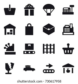 16 vector icon set : basket, gift, parachute, cashbox, warehouse, shopping bag, box, car baggage