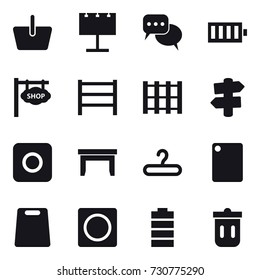 16 vector icon set : basket, billboard, discussion, battery, shop signboard, signpost, ring button, table, hanger, cutting board, trash bin