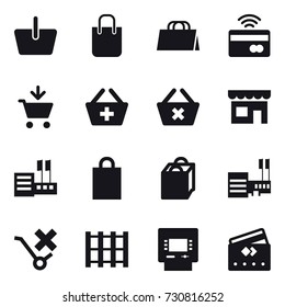 16 vector icon set : basket, shopping bag, tap to pay, add to cart, add to basket, delete cart, shop, store, mall, atm, credit card