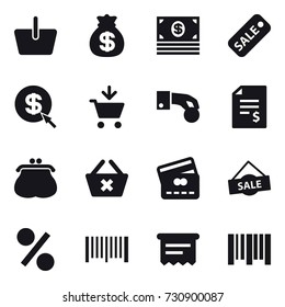 16 vector icon set : basket, money bag, money, sale, dollar arrow, add to cart, hand coin, account balance, purse, delete cart, credit card, percent, barcode, atm receipt