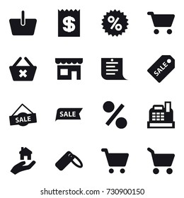 16 vector icon set : basket, receipt, percent, cart, delete cart, shop, shopping list, sale label, sale, cashbox, real estate