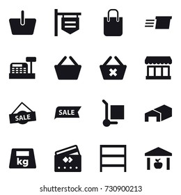 16 vector icon set : basket, shop signboard, shopping bag, delivery, cashbox, delete cart, market, sale, cargo stoller, warehouse, credit card, rack