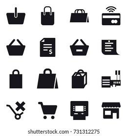 16 vector icon set : basket, shopping bag, tap to pay, account balance, remove from basket, shopping list, mall, atm, shop