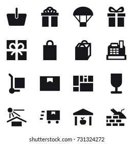 16 vector icon set : basket, gift, parachute, shopping bag, cashbox, cargo stoller, warehouse, construct garbage