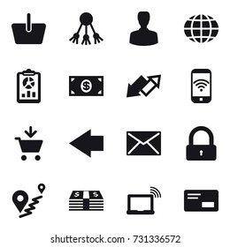 16 vector icon set : basket, share, man, globe, report, money, up down arrow, phone wireless, add to cart, left arrow, mail, lock