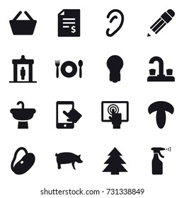 16 vector icon set : basket, account balance, pencil, detector, cafe, bulb, water tap, pig, spruce, sprayer