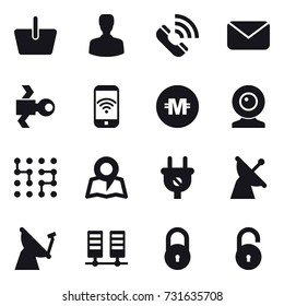 16 vector icon set : basket, man, call, mail, satellite, phone wireless, crypto currency, web cam, chip, map