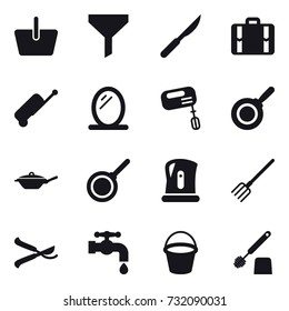 16 vector icon set : basket, funnel, suitcase, mirror, mixer, pan, kettle, fork, pruner, water tap, bucket, toilet brush