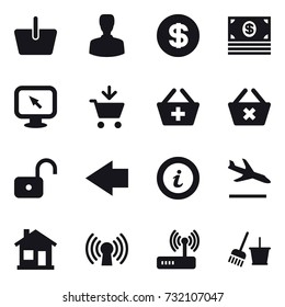 16 vector icon set : basket, man, dollar, money, monitor arrow, add to cart, add to basket, delete cart, unlock, left arrow, info, arrival, home, bucket and broom