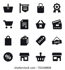 16 vector icon set : basket, shop signboard, shopping bag, medal, cart, account balance, delete cart, credit card, sale label, sale, percent, shop