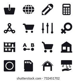 16 vector icon set : basket, globe, pencil, calculator, spinner, cart, equalizer, modular house, home, ring button, barn, hand dryer