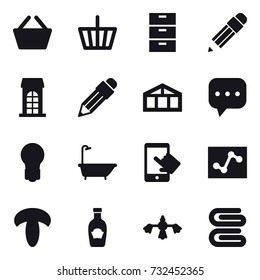 16 vector icon set : basket, pencil, building, greenhouse, bulb, bath, hard reach place cleaning, stack of towels