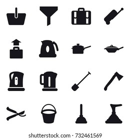 16 vector icon set : basket, funnel, suitcase, baggage, kettle, saute pan, pan, shovel, axe, pruner, bucket, plunger